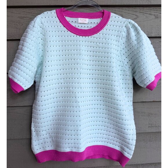 Fate Mint Green Pointelle Knit Short Sleeve Sweater Top with Pink Trim Large - Picture 1 of 10